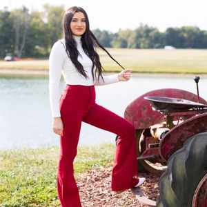 FIONA HIGH WAISTED BELL BOTTOM FLARE JEANS - RED